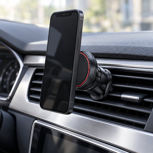 Smartphone tenu par le support magnétique sur la grille d'aération