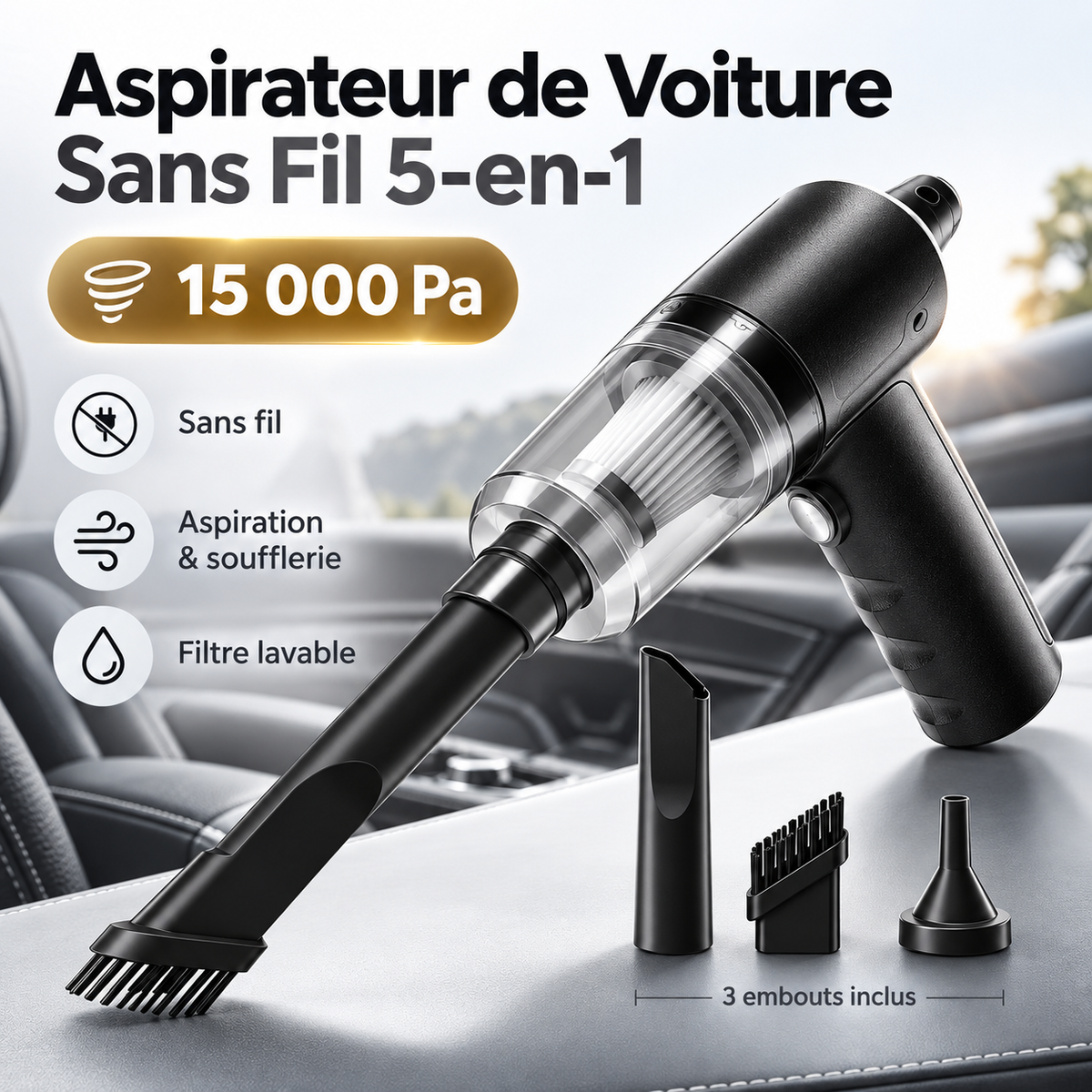 Aspirateur de voiture 15000 Pa, sans fil, aspiration et soufflerie, filtre lavable, 3 embouts inclus