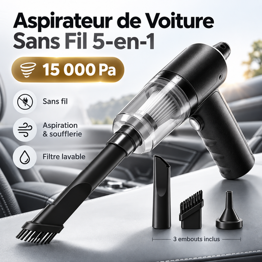 Aspirateur de voiture 15000 Pa, sans fil, aspiration et soufflerie, filtre lavable, 3 embouts inclus