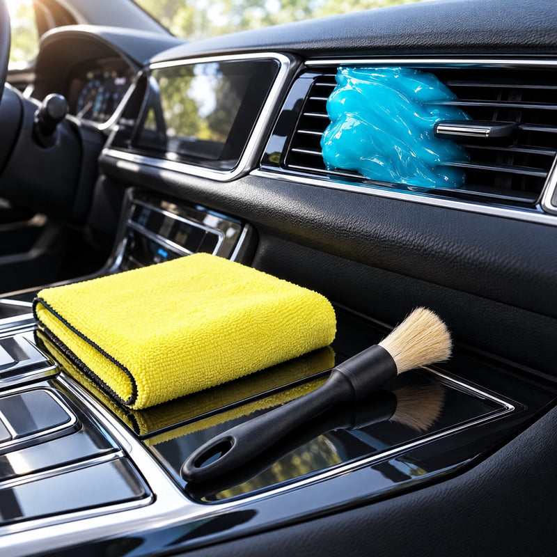Gel nettoyant magique pour voiture en cours d'utilisation sur le levier de vitesse