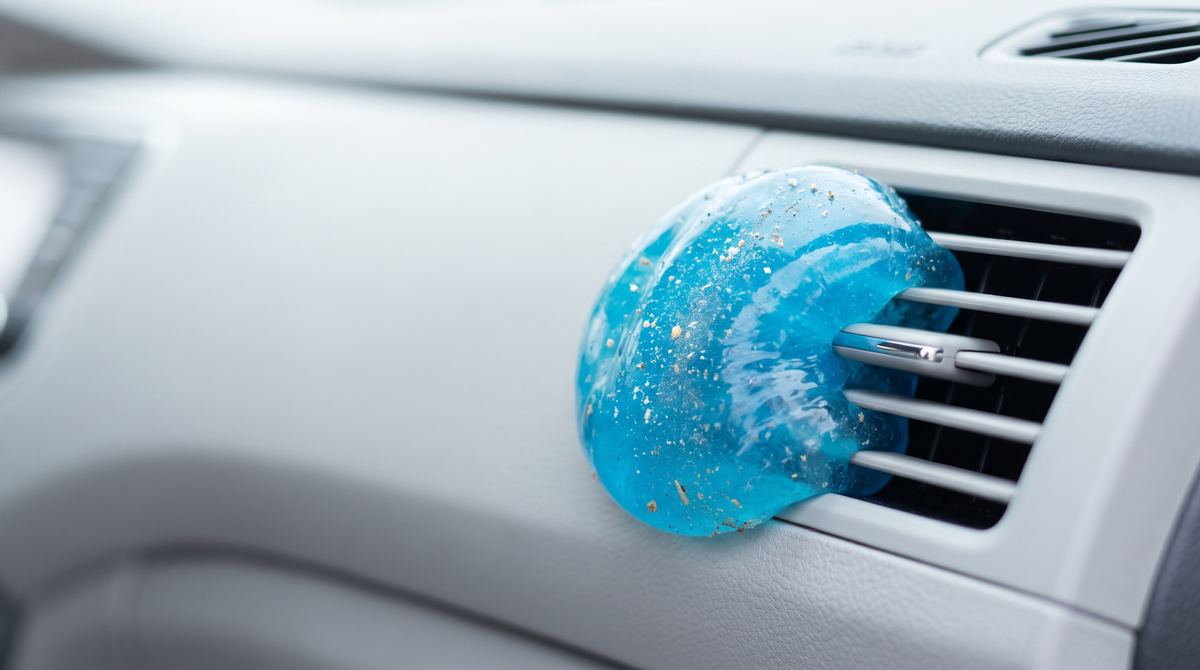 Gel nettoyant magique applique sur une grille d'aeration, cote droit