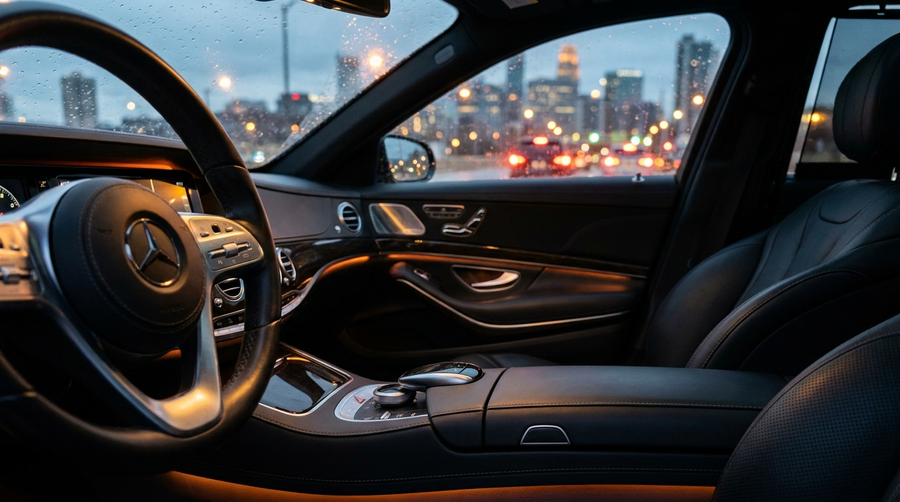 Interieur de voiture premium de nuit avec accoudoir en cuir